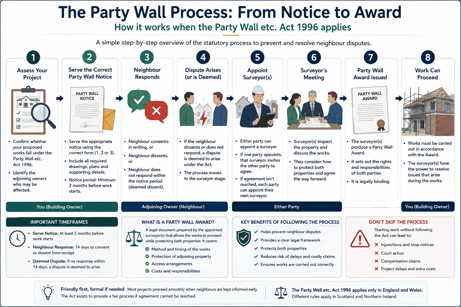 Do I Need a Party Wall Agreement? An infographic showing the party wall process from notice to award in a very interactive way for the citizens living in Southend on Sea, UK