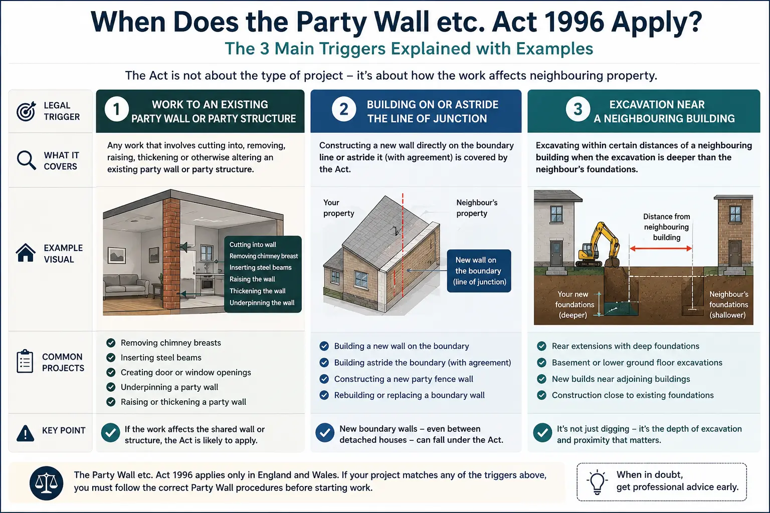 Do I Need a Party Wall Agreement? An infographic showing when does the party wall etc act 1996 apply like excavation, junction, painting, in Southend on Sea, UK